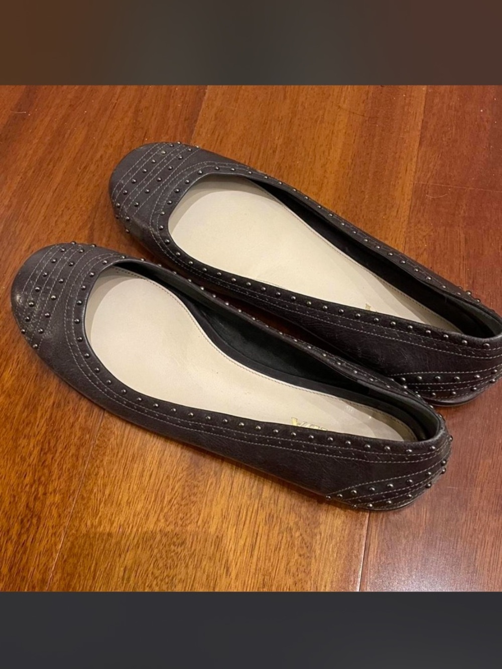 Prada Dark Brown Studded Leather Ballet Flats - Picture 2 of 5